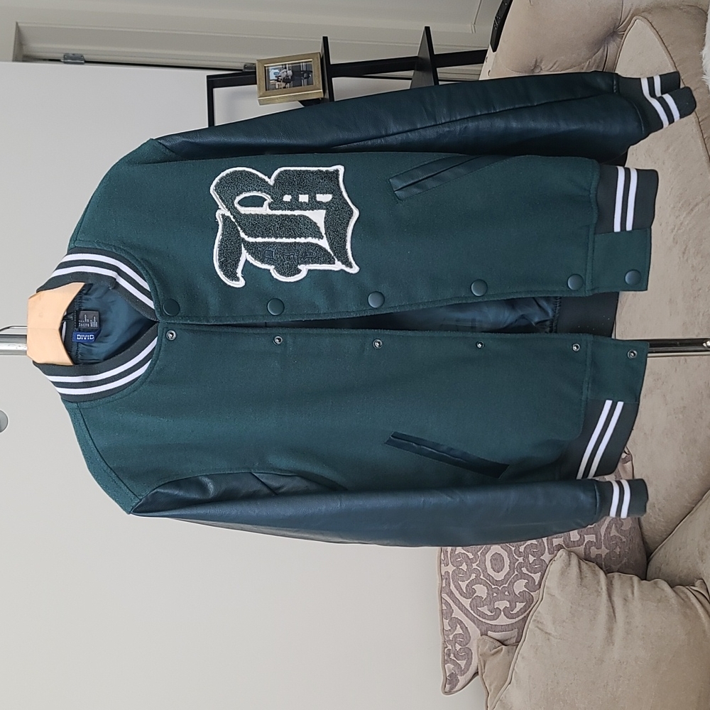 Green varsity bomber jacket.
